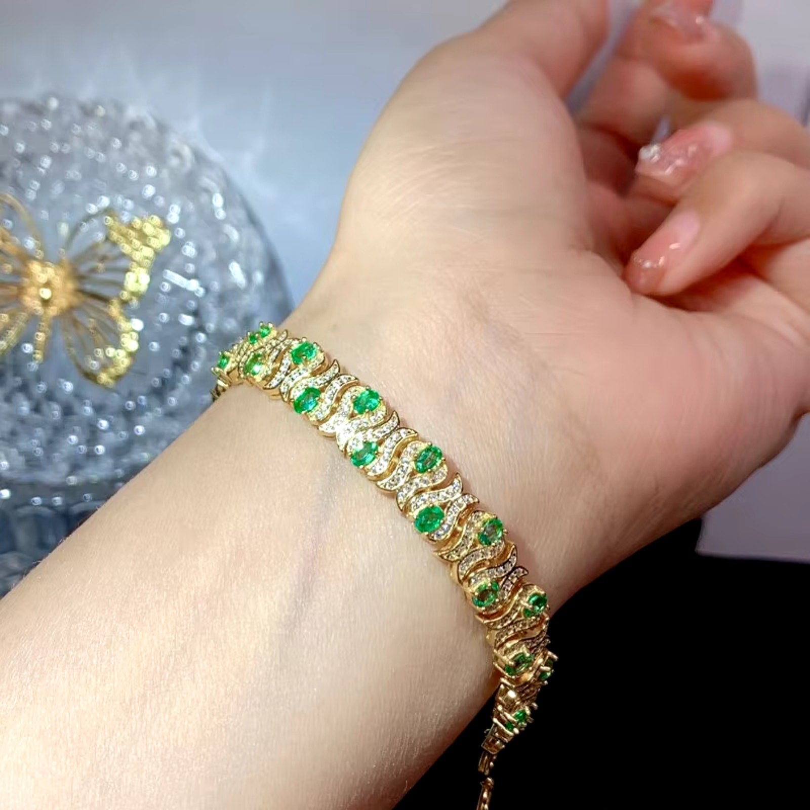 Natural Bright Green Emerald Double Layer Tennis Bracelet 3x4mm VVS Grade