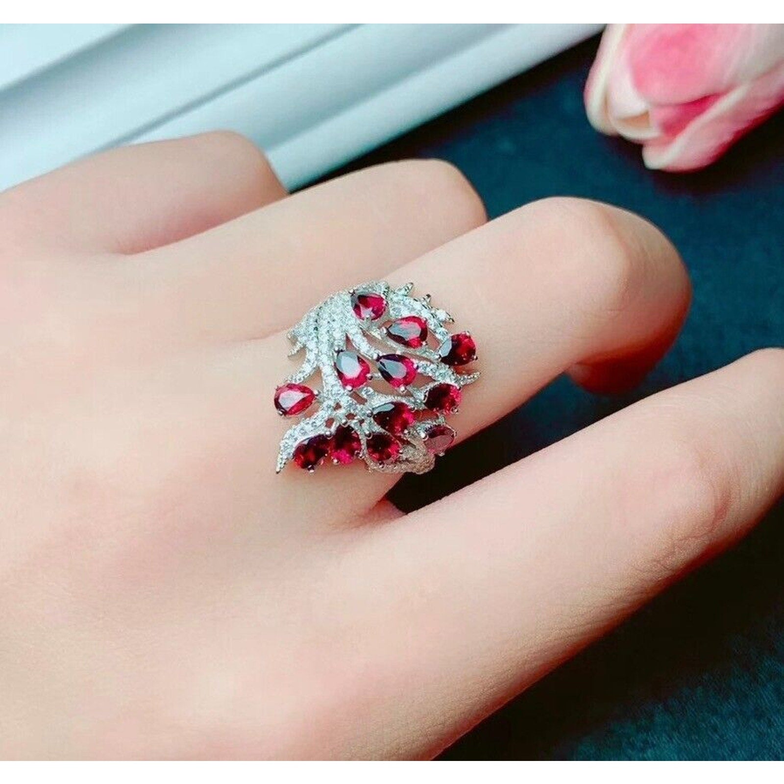 Red Garnet Full Finger Statement Ring, Natural Red Garnet Cluster Ring