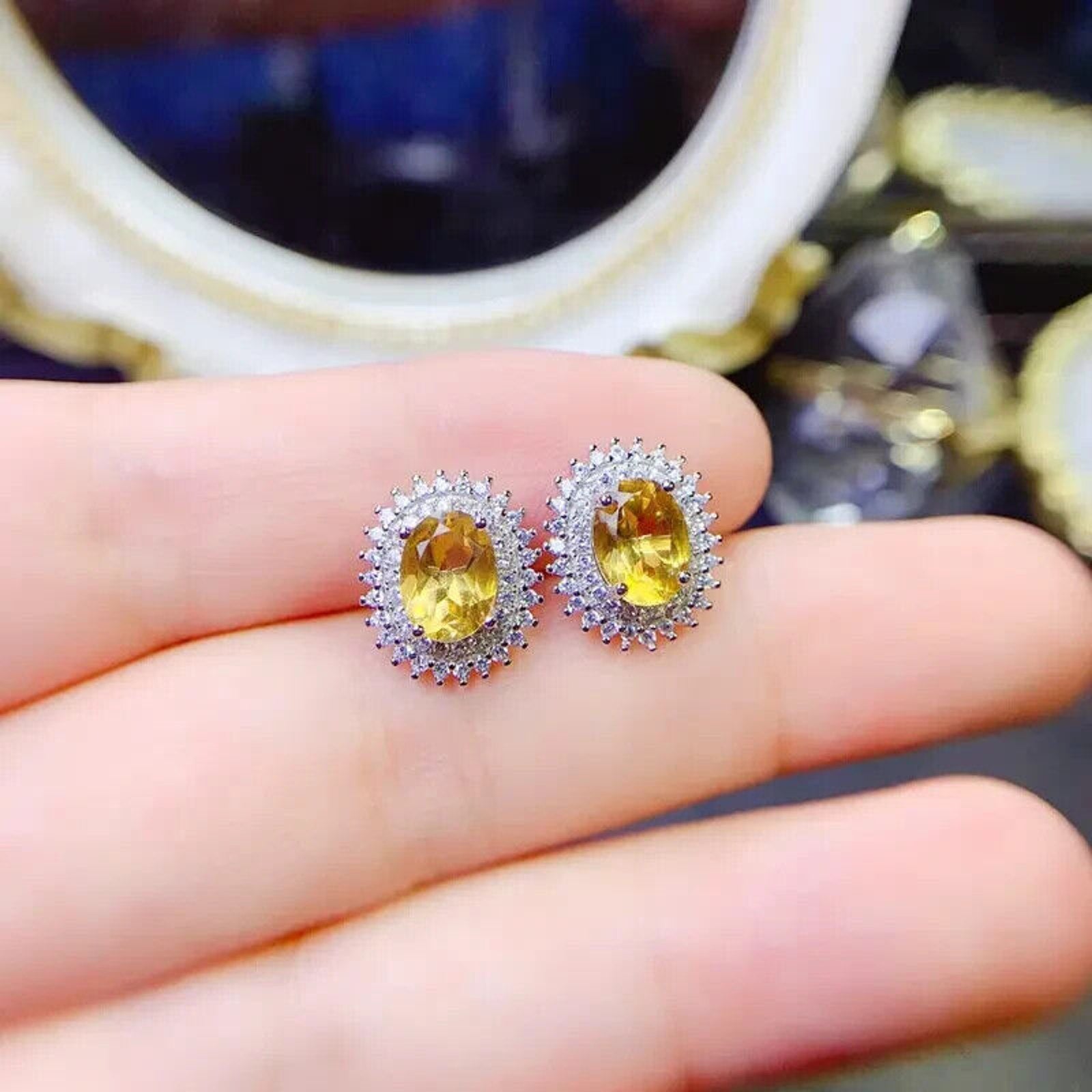 Natural Citrine Gemstone Earrings 6x8mm Oval Cut