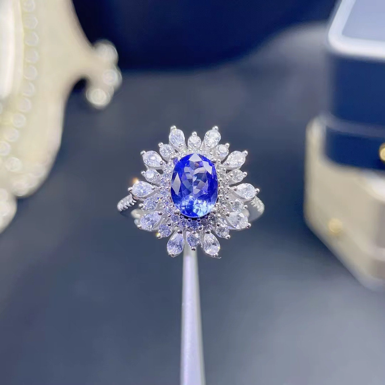 Tanzanite Ring, Natural Tanzanite Cluster Ring, Purple Tanzanite Ring 6x8mm