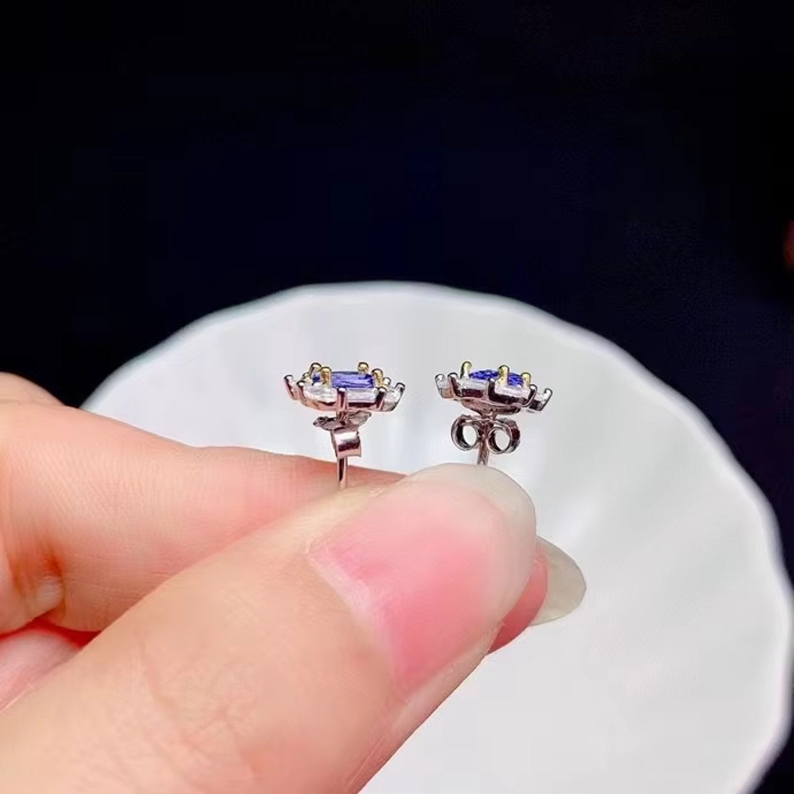 Natural Tanzanite Stud Earrings, Purple Tanzanite Earrings Sterling Silver 4x5mm