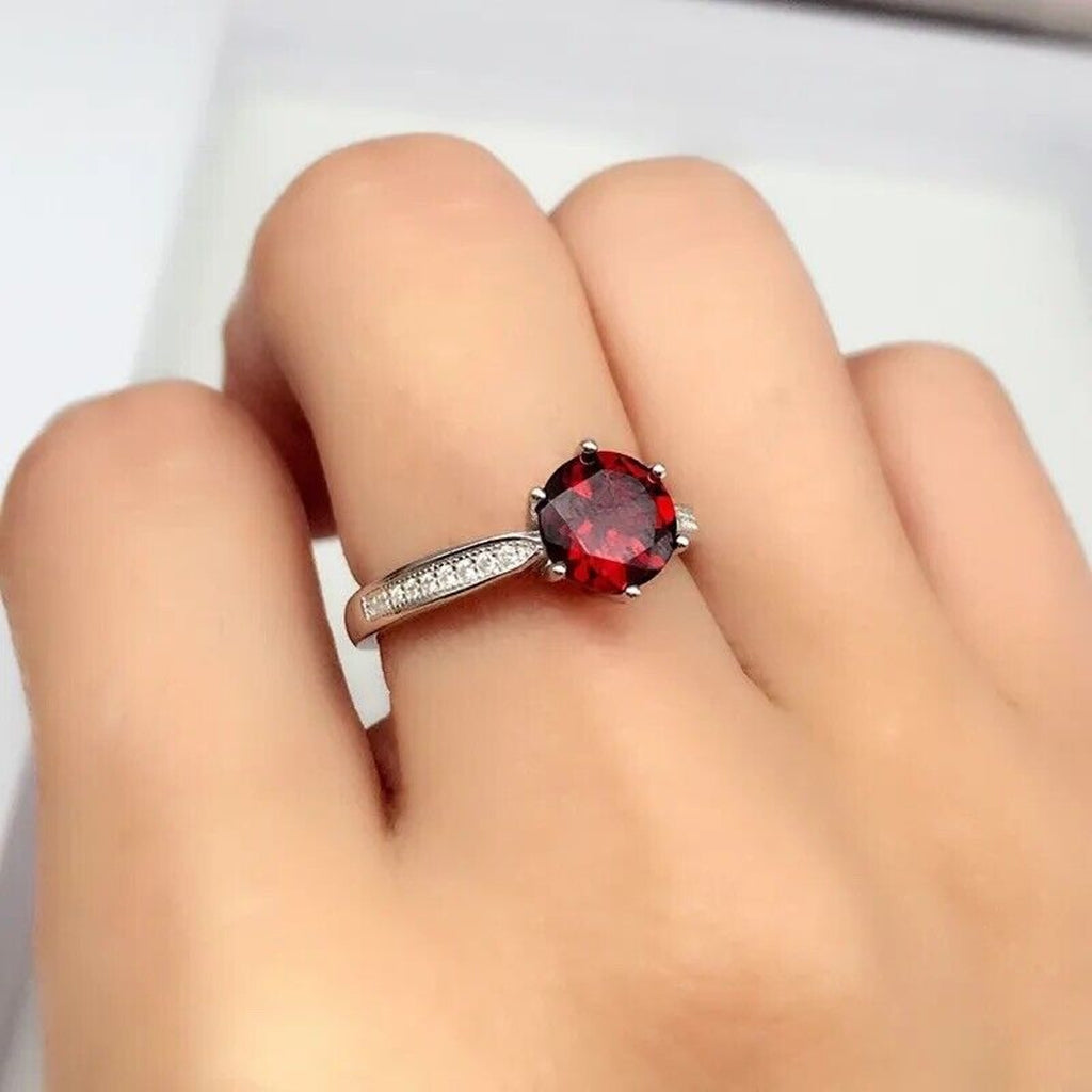 Genuine Red Garnet Ring 8mm Platinum Plated