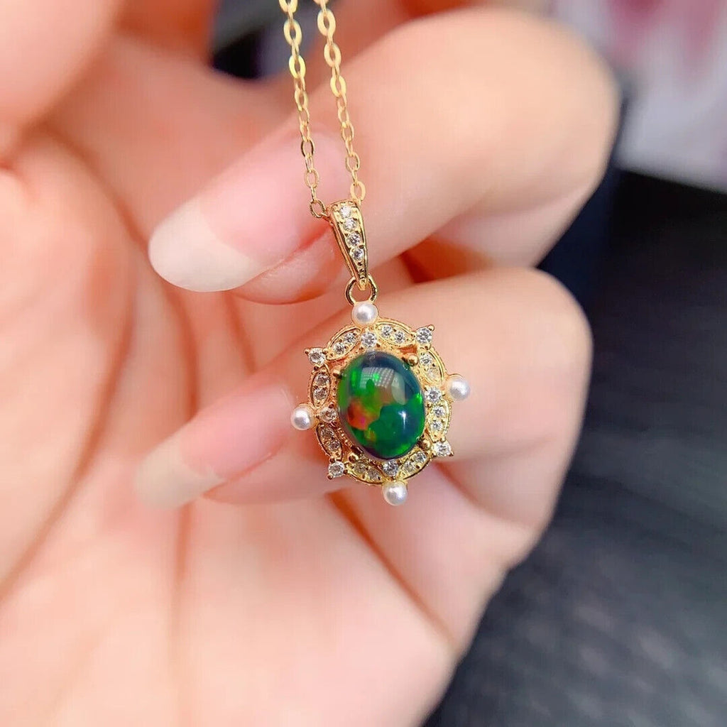 Black Fire Opal Nautical Pendant Necklace, Black Opal and Faux Pearl Necklace