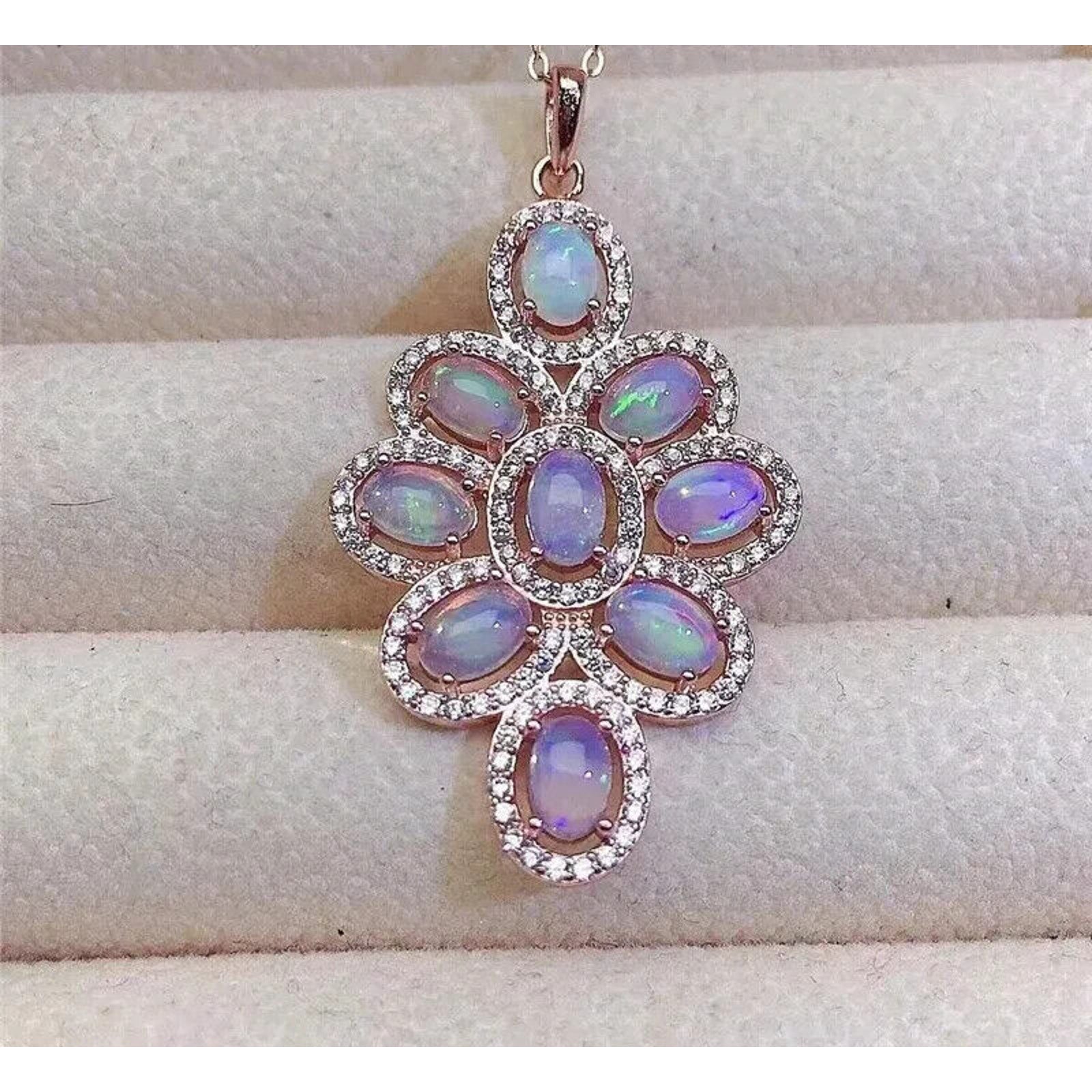 Natural Fire Opal Pendant Necklace, Large Fire Opal Cluster Pendant Sterling