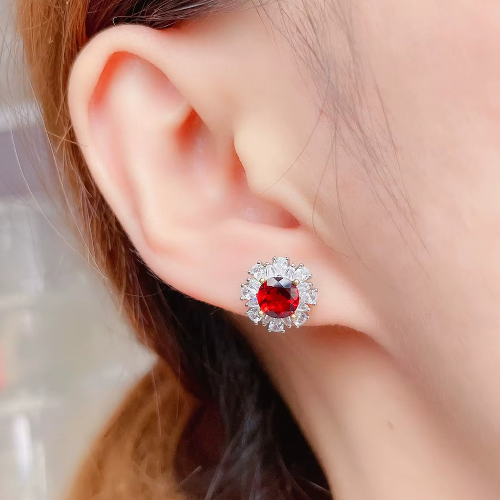 Red Garnet Cluster Earrings 925 Sterling Silver 4mm Natural Garnet Earrings