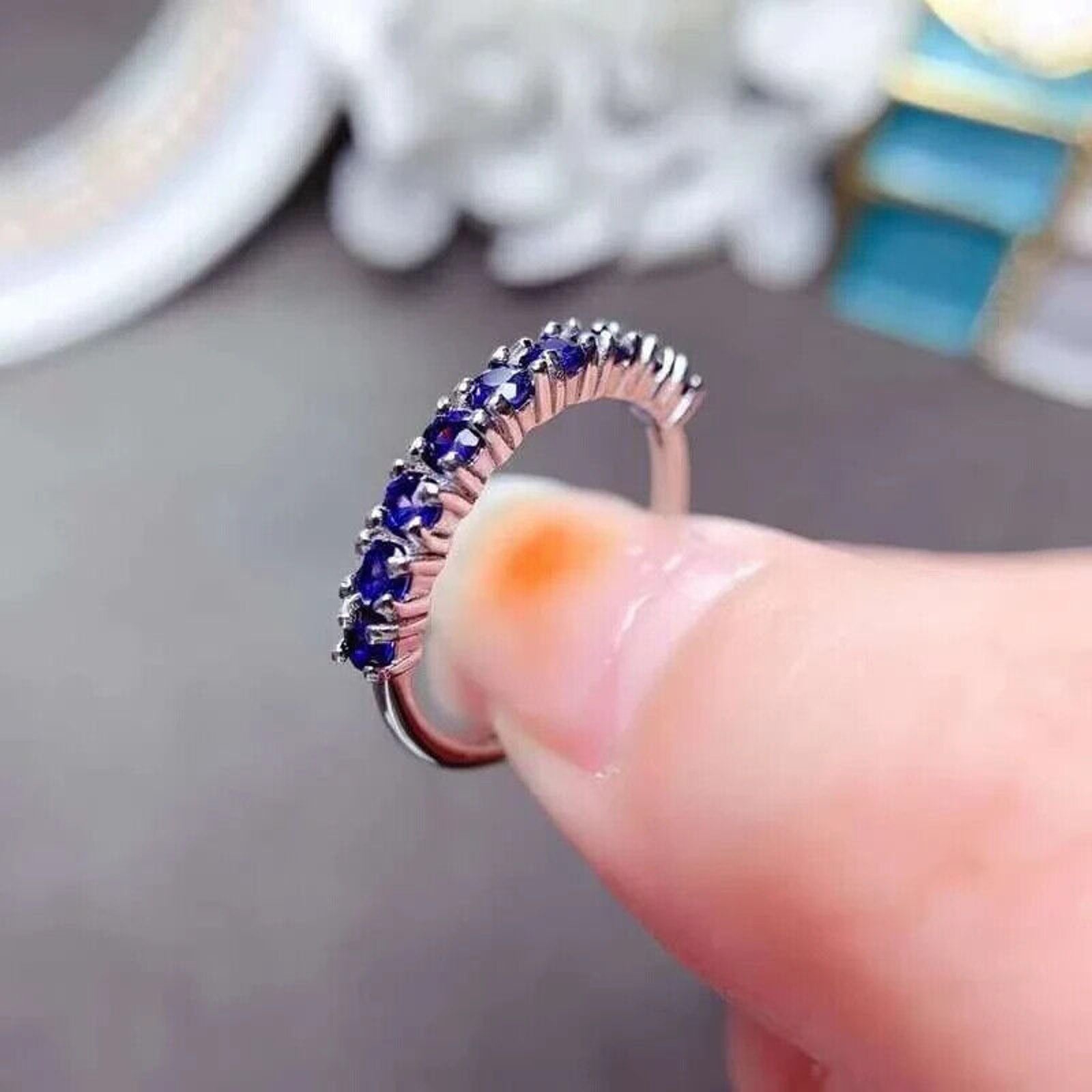 Women's Blue Sapphire Band Ring, Natural Sapphire Band Ring Half Eternity Ring