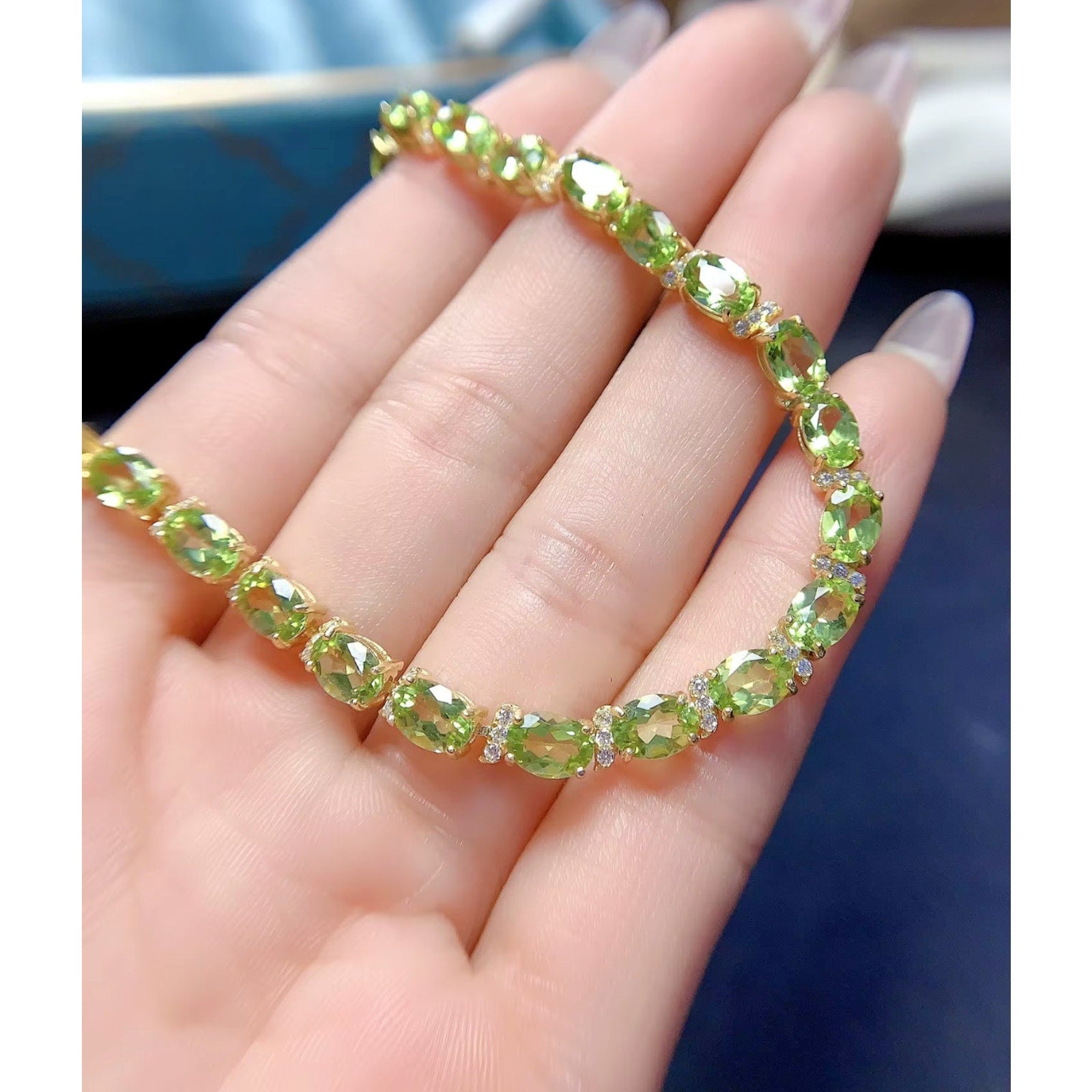 Natural Peridot August Birthstone Tennis Bracelet 925 Sterling Silver