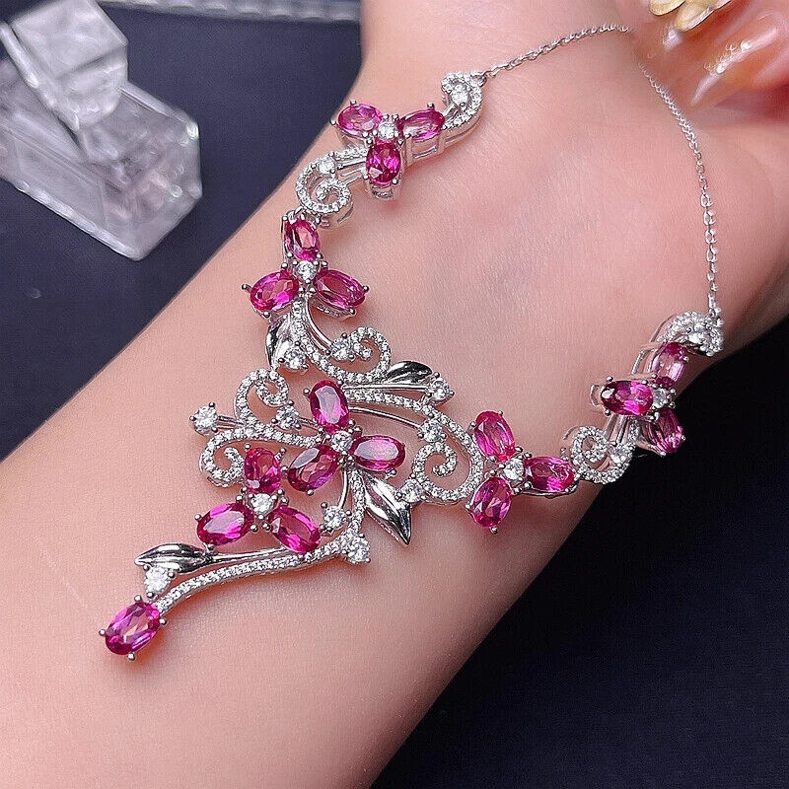 Pink Topaz Gemstone Necklace VVS1 Grade 4x6mm 925 Sterling Silver