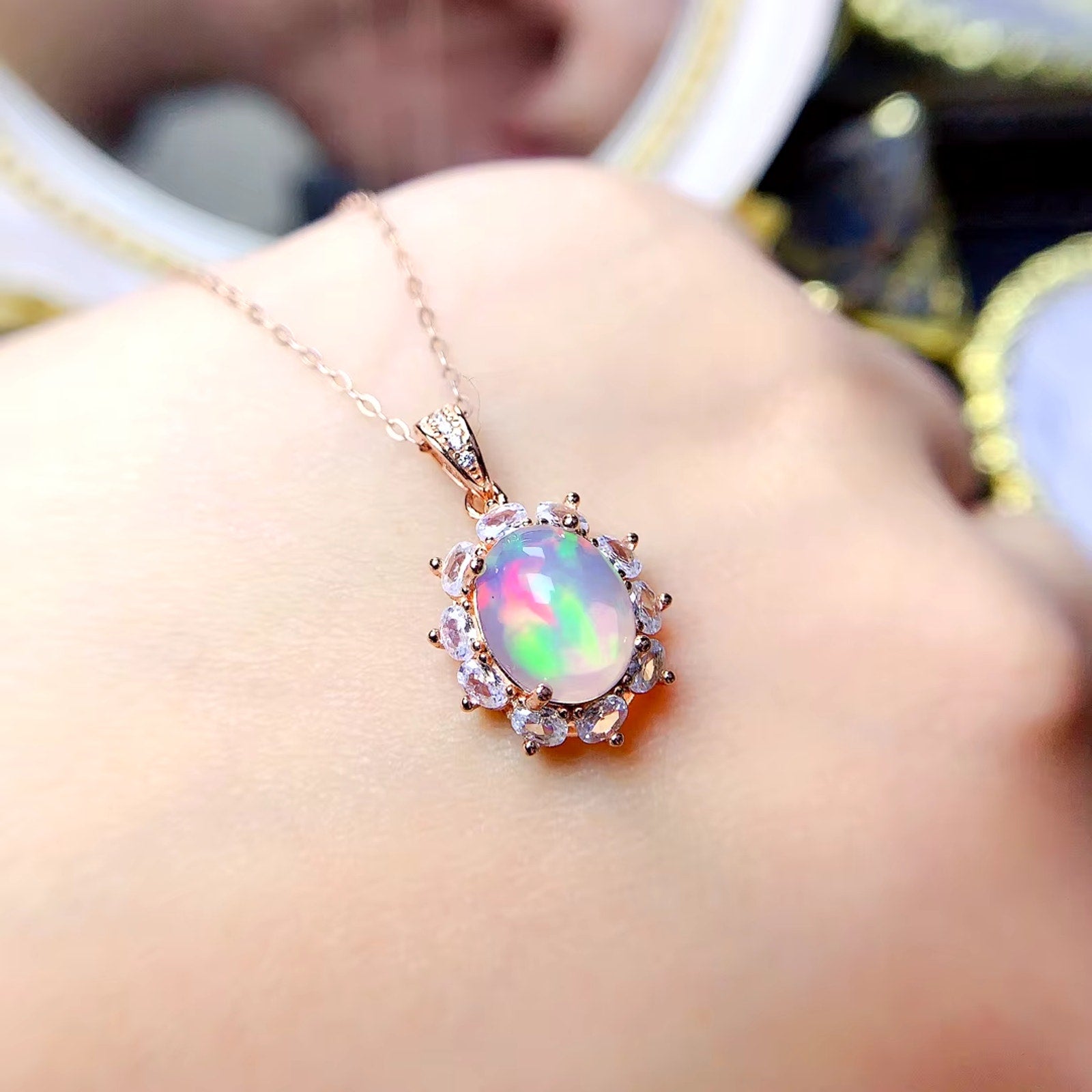 Natural Fire Opal Pendant Necklace, Women's Opal Pendant Necklace 8x10mm