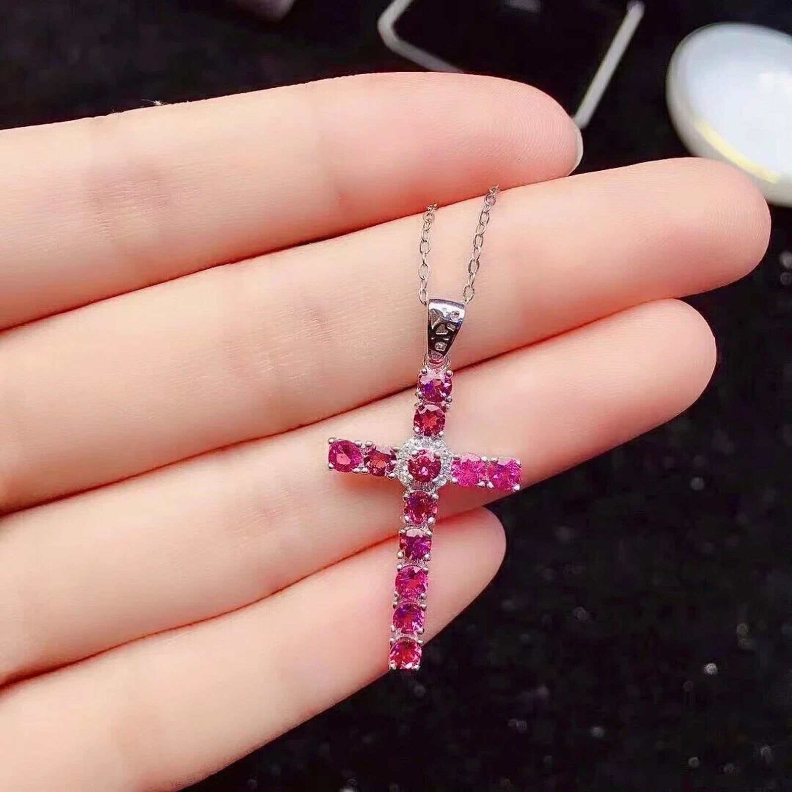 Natural Pink Tourmaline Cross Necklace, Gemstone Cross Necklace 925 Sterling