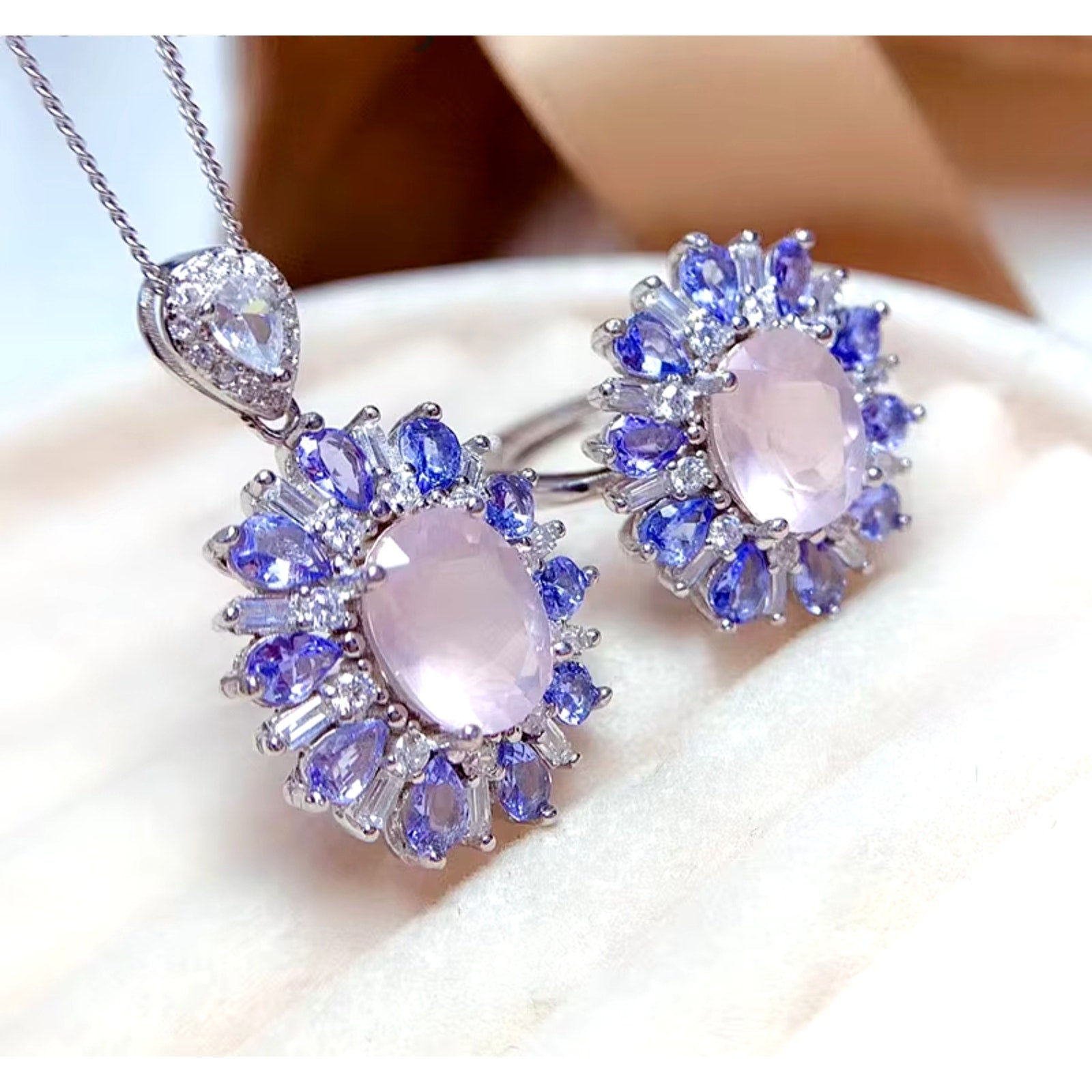 Purple Tanzanite and Rose Quartz Jewelry Set, Natural Tanzanite and Rose Quartz