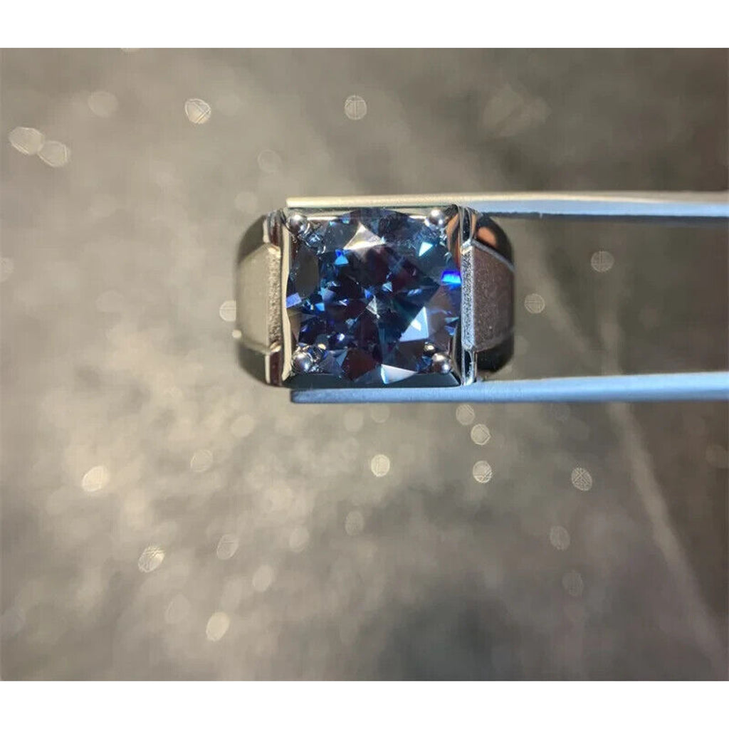VVS1 5 CT Blue Moissanite Men's Ring, Men's Blue Moissanite Ring 11mm Sterling