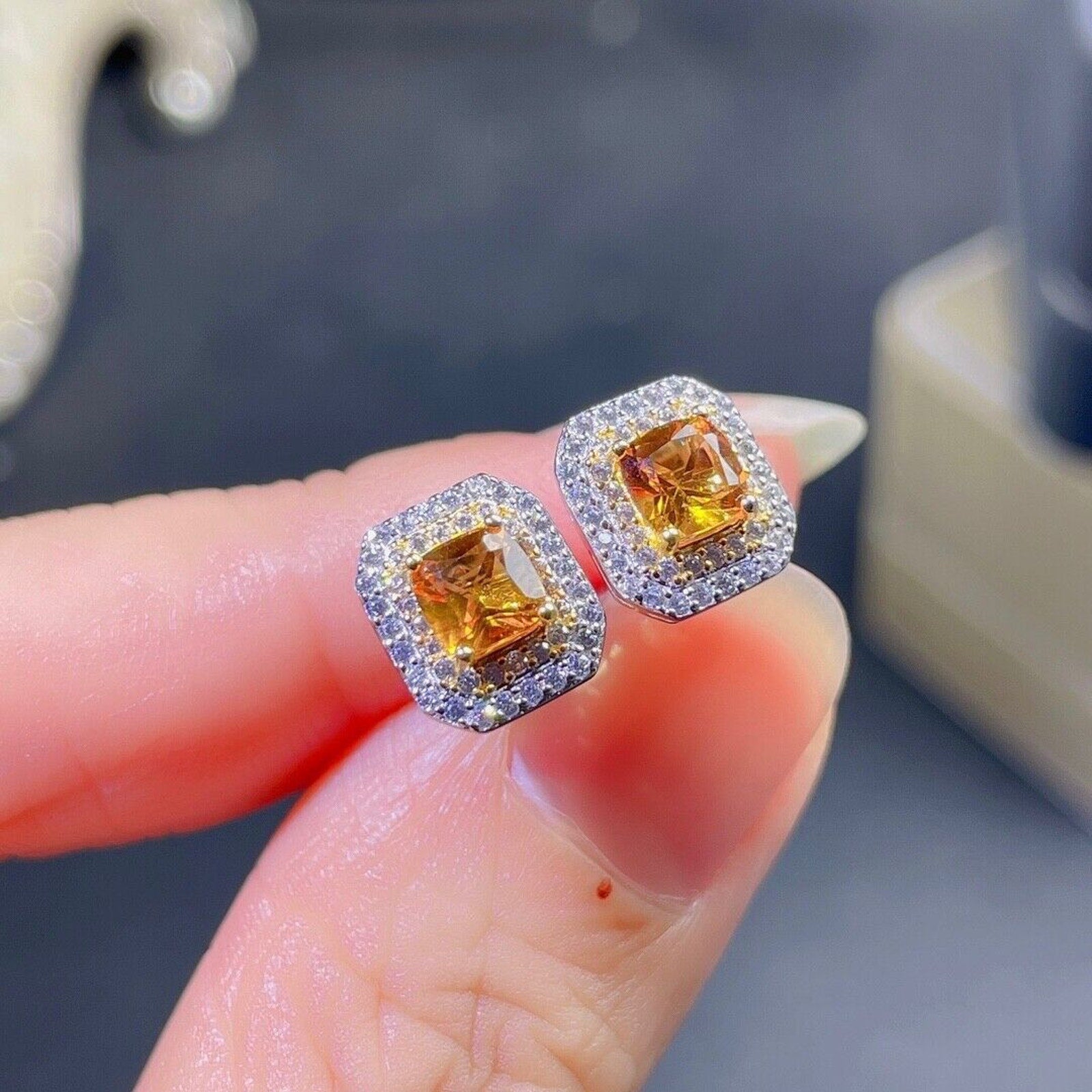 4x4mm Square Cut Natural Citrine Gemstone Earrings, Genuine Citrine Earrings
