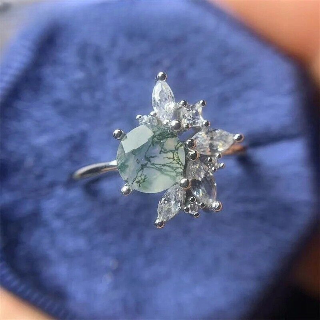 Moss Agate Cluster Ring, Natural Moss Agate Cocktail Ring, Green Moss Agate