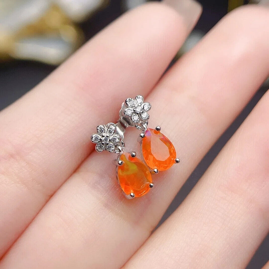 Orange Fire Opal Dangle Earrings, Colorful Orange Opal Dangle Earrings 5x7mm