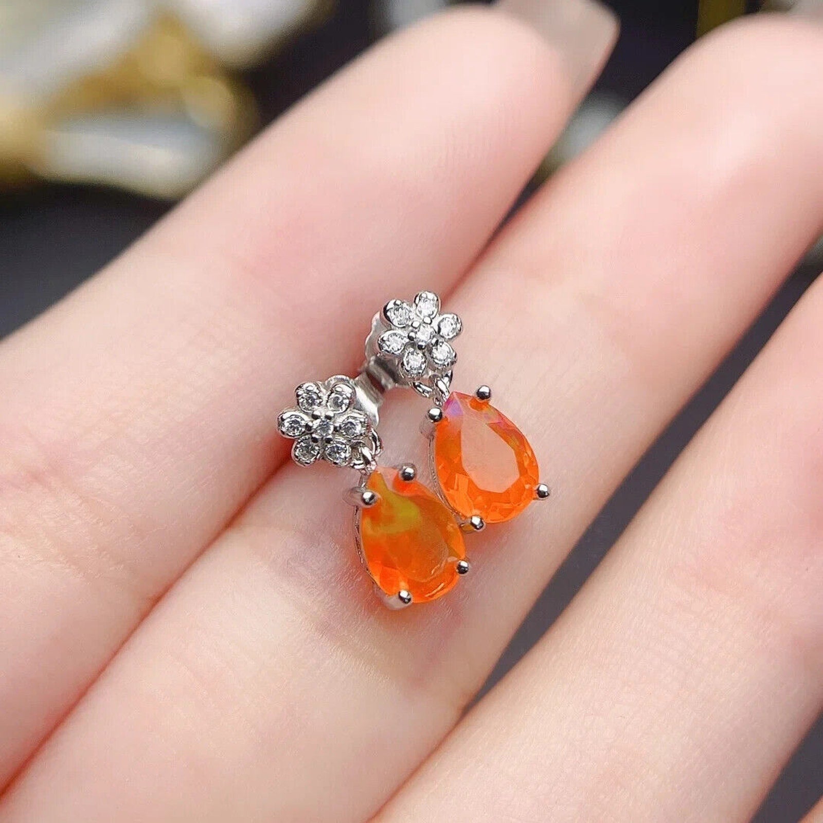 Orange Fire Opal Dangle Earrings, Colorful Orange Opal Dangle Earrings 5x7mm