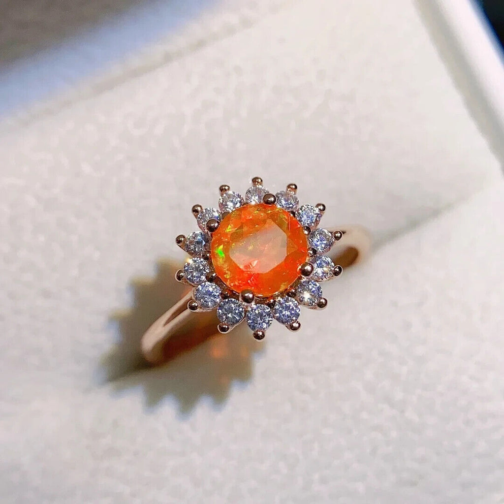Orange Fire Opal Cocktail Ring 6mm, Natural Orange Opal Statement Ring