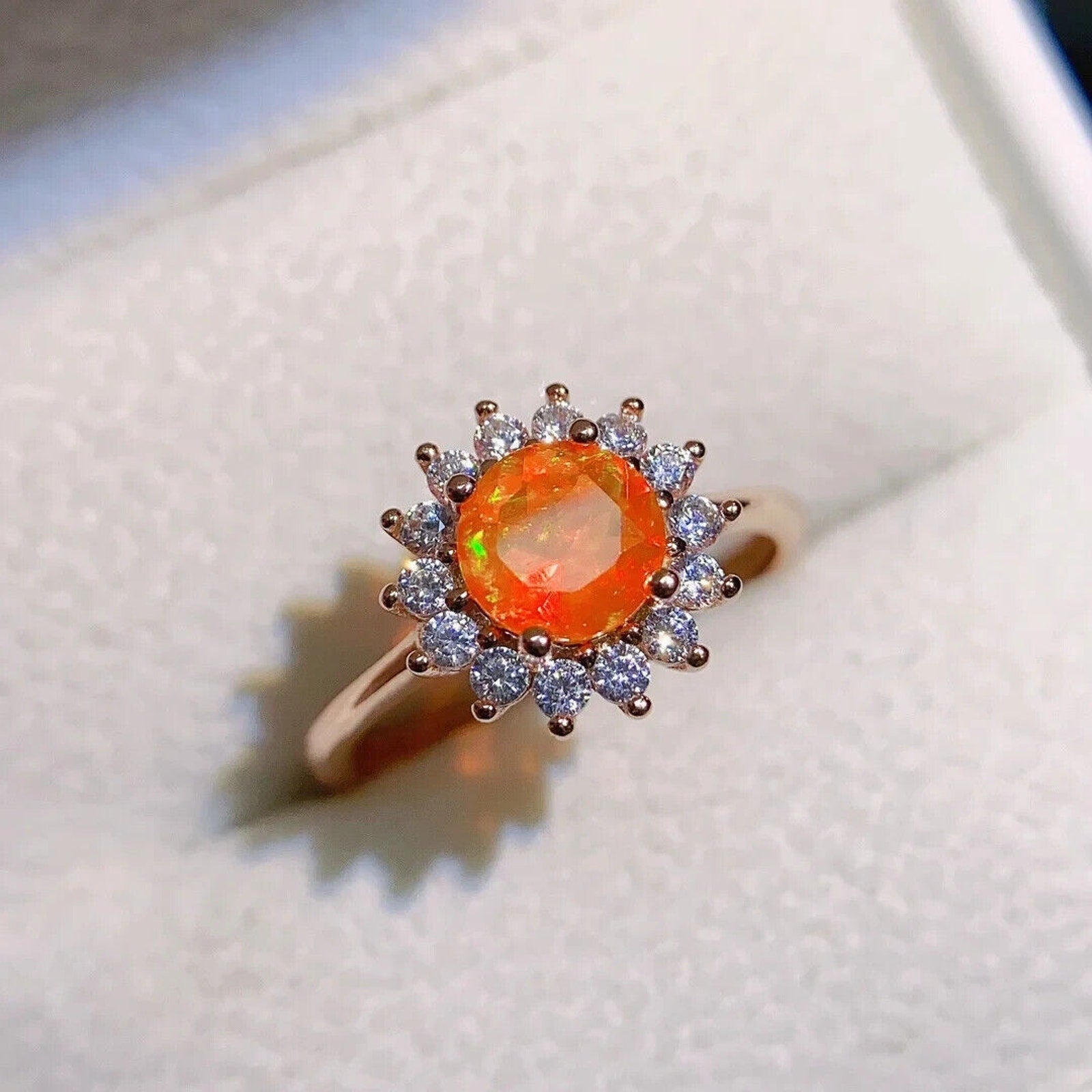 Orange Fire Opal Cocktail Ring 6mm, Natural Orange Opal Statement Ring
