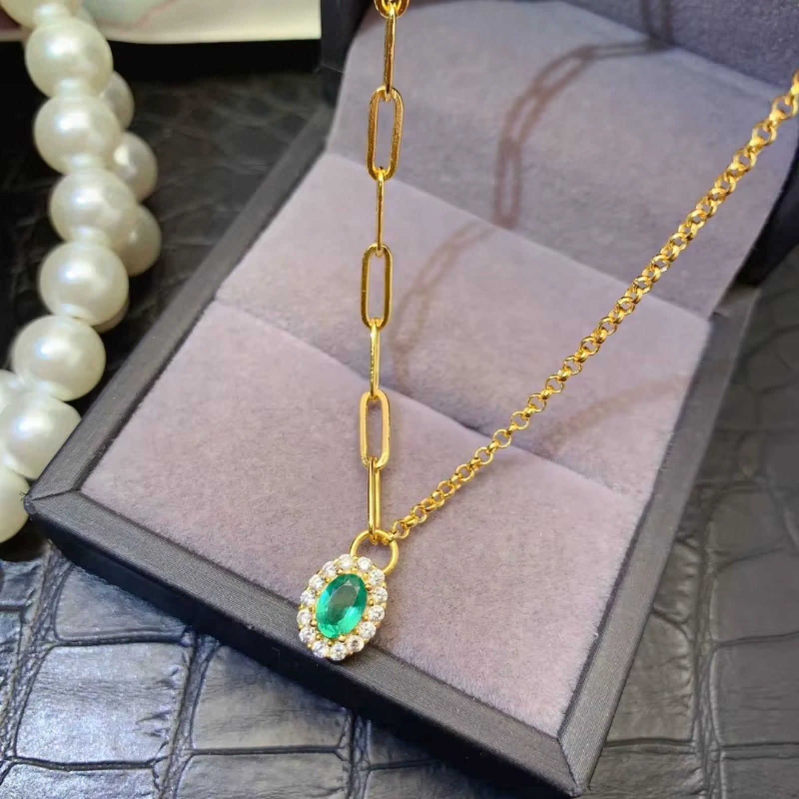 Emerald Pendant Necklace, Paperclip Chain Necklace with 4x6mm Emerald