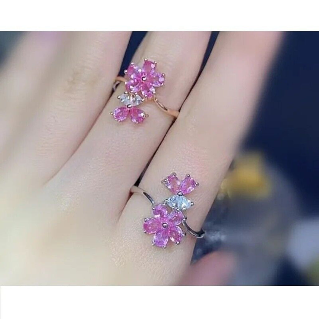 Pink Sapphire Gemstone Flower Ring 925 Sterling Silver