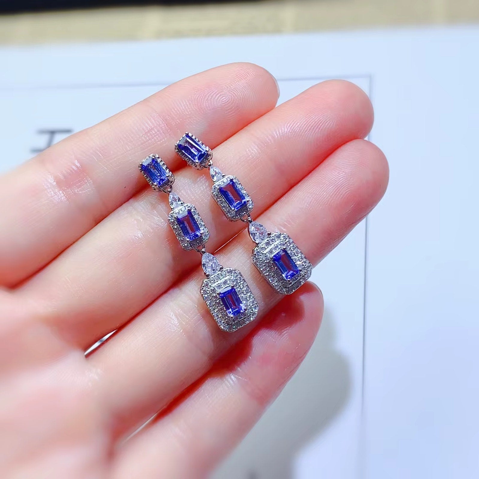 Emerald Cut Purple Tanzanite Drop Dangle Earrings, VVS Grade Tanzanite Earrings