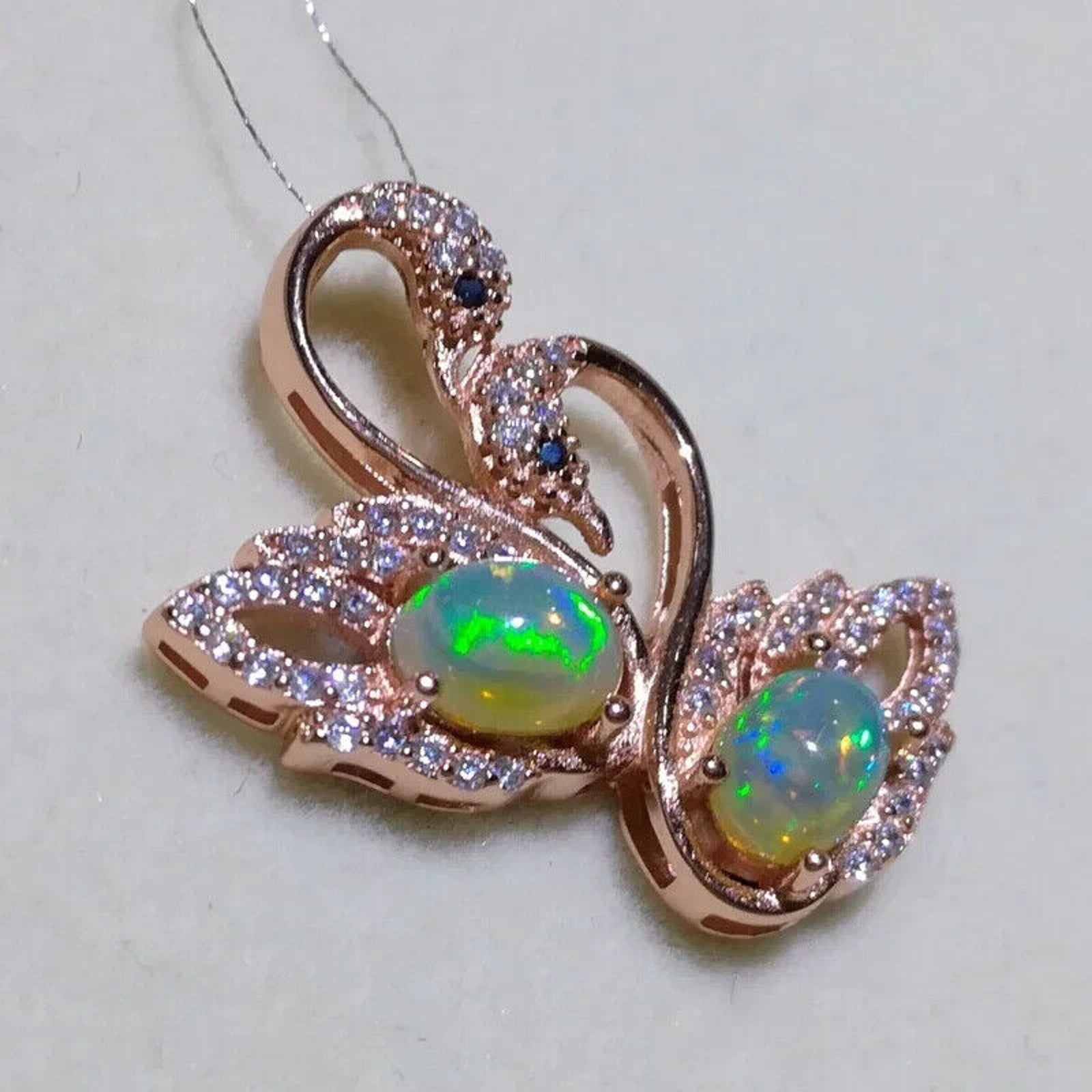 Fire Opal Swan Pendant Necklace, Natural Opal Pendant Necklace Swan