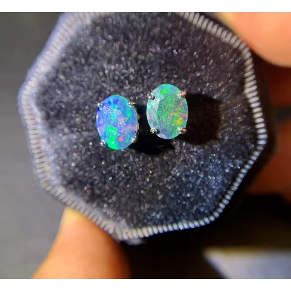 Faceted Black Fire Opal Stud Earrings 7x9mm, Natural Fire Opal Stud Earrings