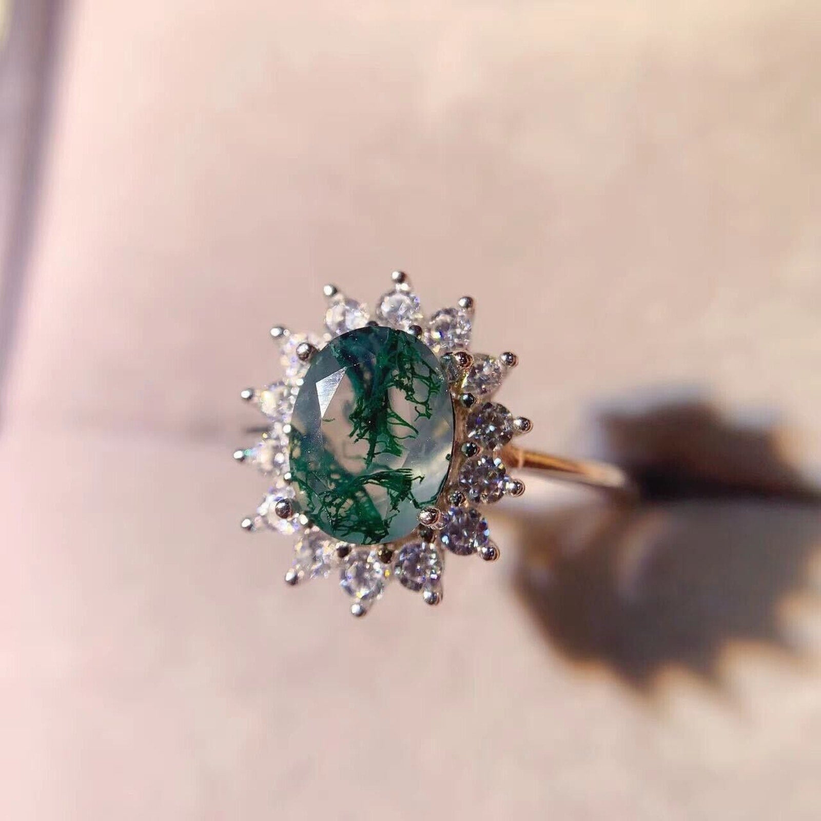 6x8mm Moss Agate Cocktail Ring 925 Sterling Silver