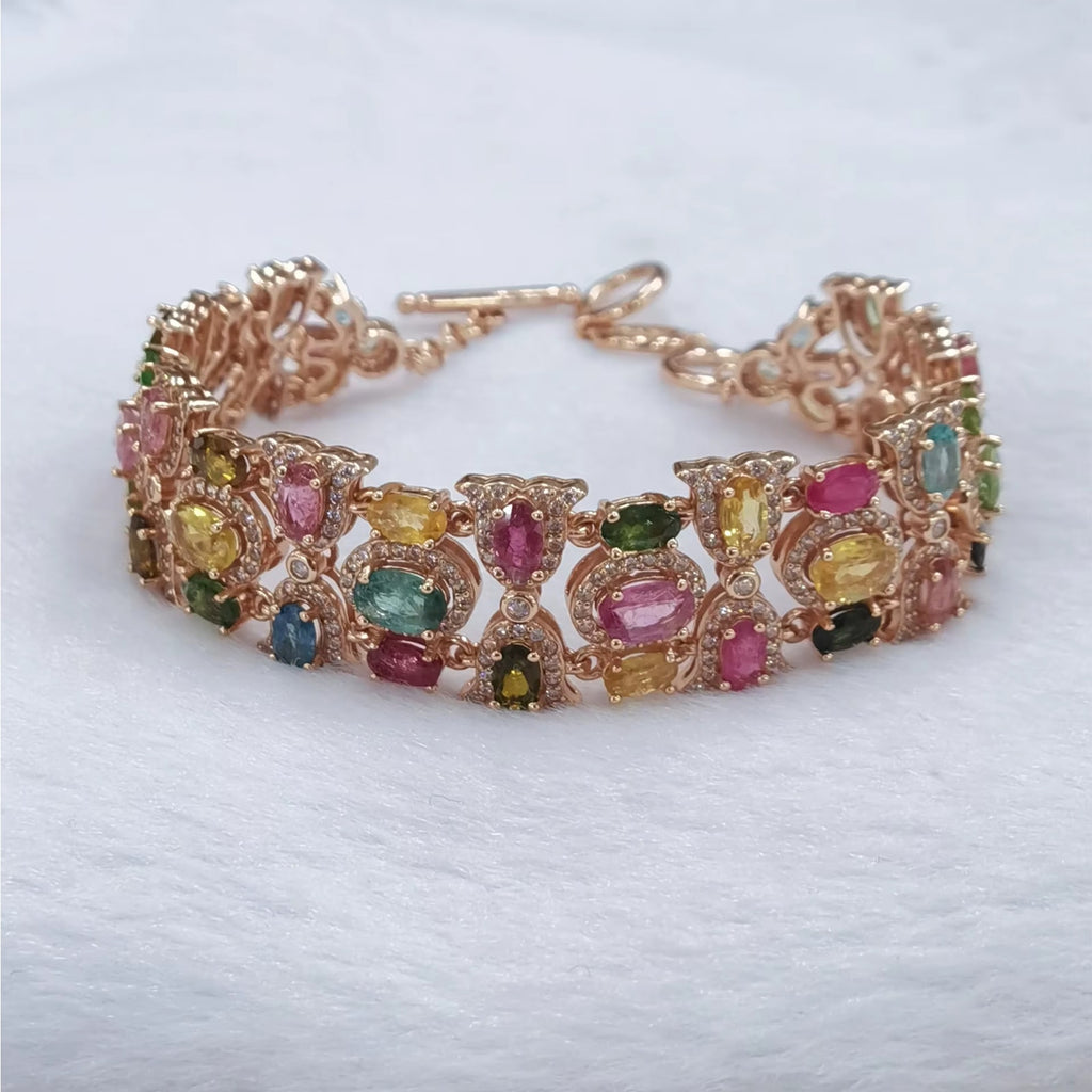 Multicolor Tourmaline Rose Gold Gemstone Bracelet, VVS Brazilian Tourmaline