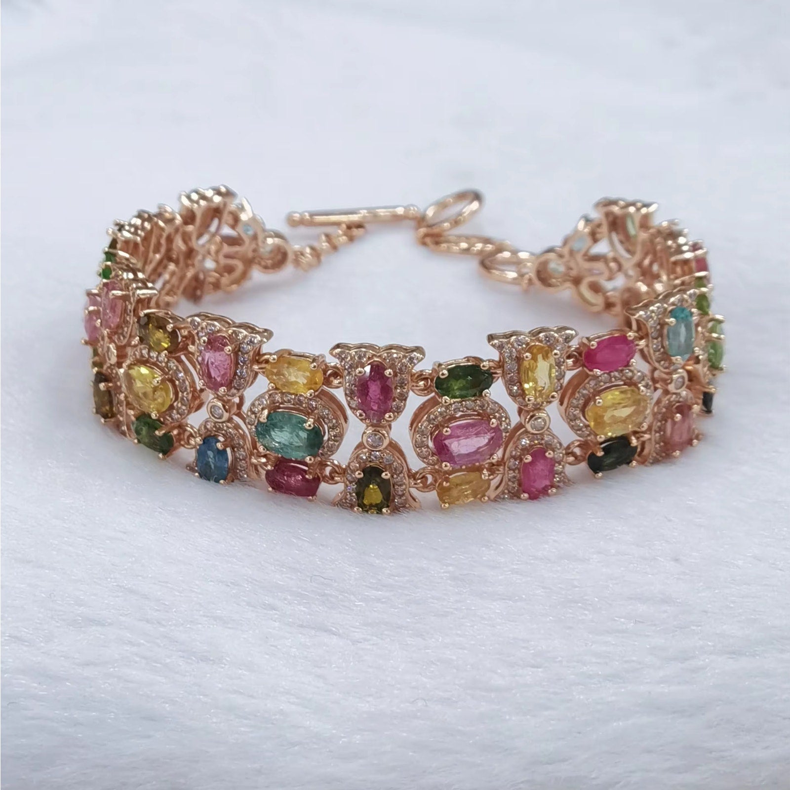 Multicolor Tourmaline Rose Gold Gemstone Bracelet, VVS Brazilian Tourmaline