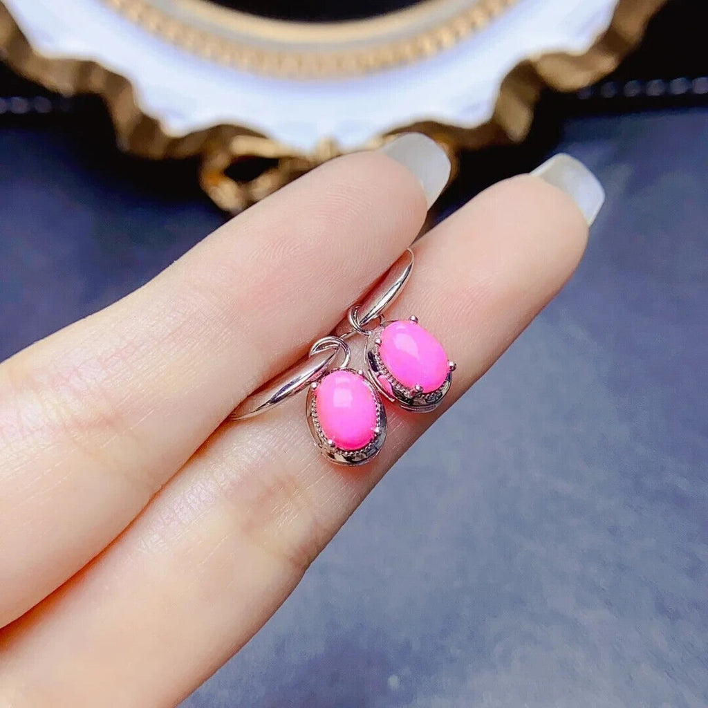Pink Fire Opal Dangle Earrings 5x7mm, Natural Pink Opal Earrings Sterling Silver