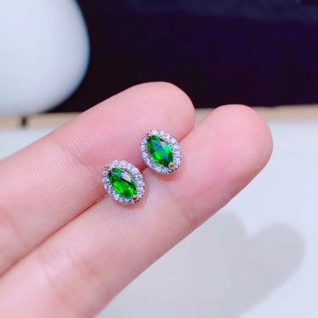 Natural Diopside Stud Earrings Platinum Plated, 3x6mm Chrome Diopside Earrings