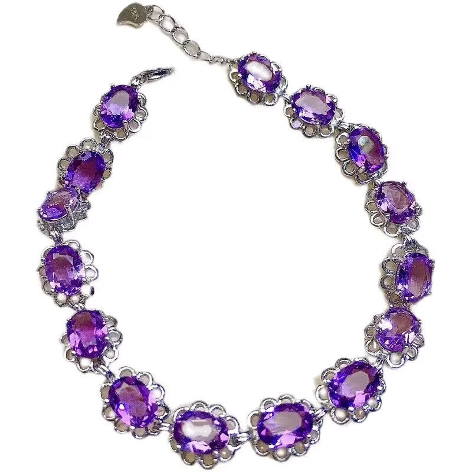Amethyst Tennis Bracelet, Natural Amethyst Flower Bracelet 5x7mm Sterling Silver