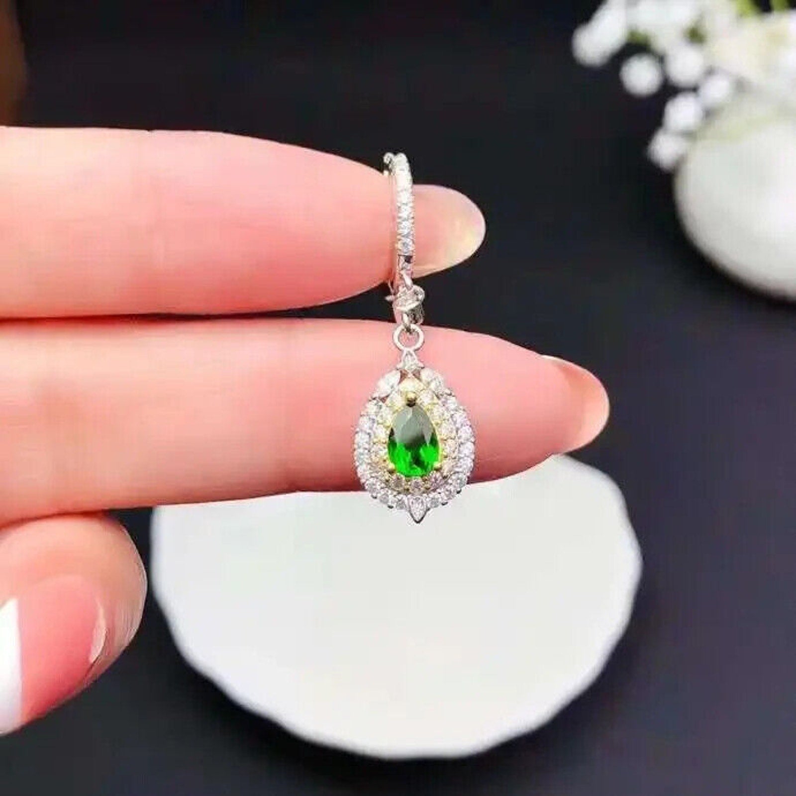 Chrome Diopside Pear Cut Dangle Hoop Earrings, Natural Diopside Earrings