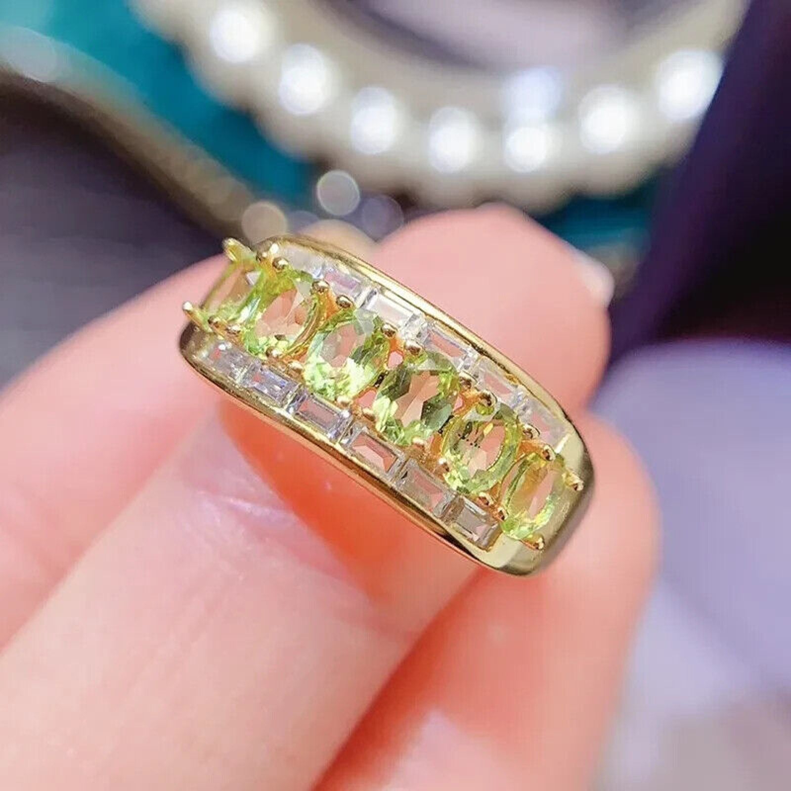 Natural Peridot Gemstone Band Ring 3x4mm, August Birthstone Peridot Ring