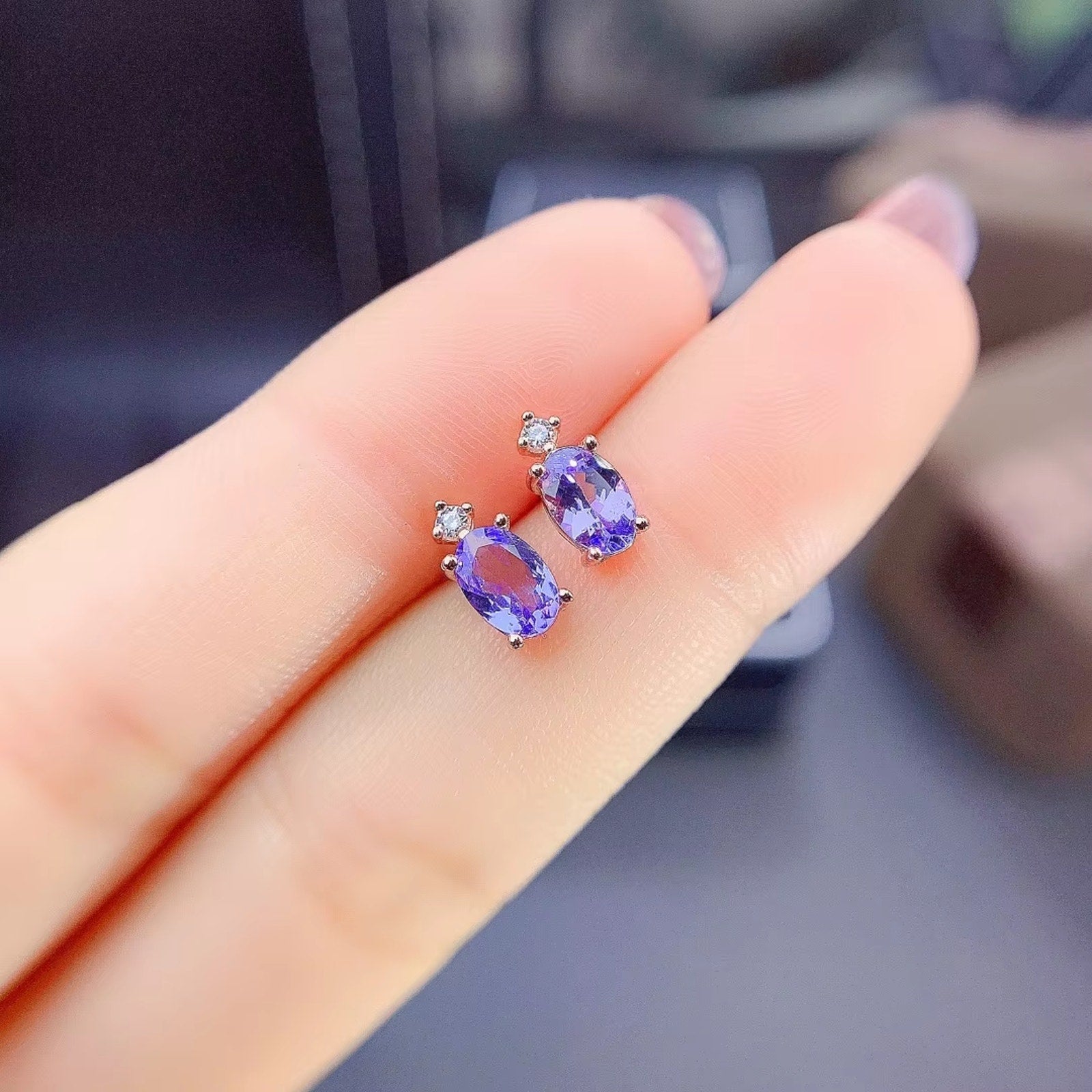 Purple Tanzanite Earrings, Natural Tanzanite Stud Earrings Sterling Silver 4x6mm