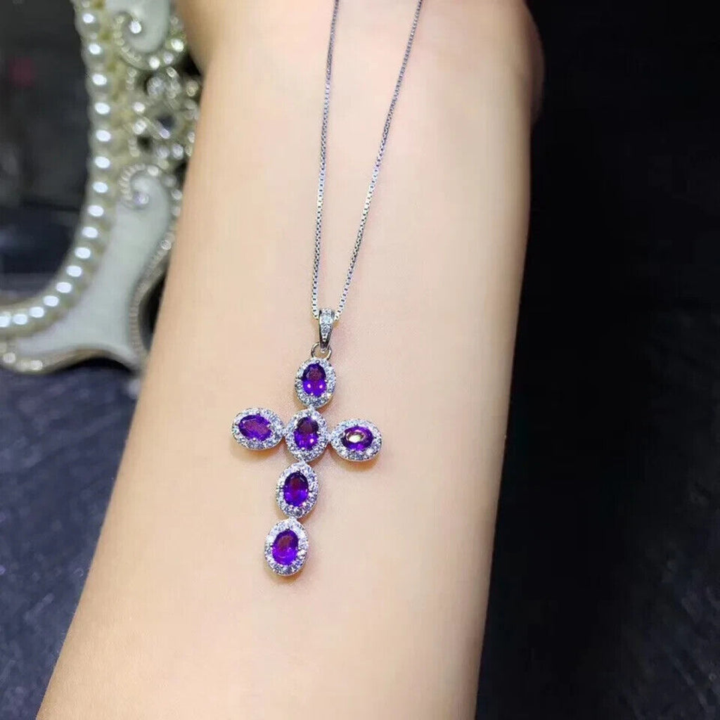 Purple Amethyst Cross Necklace, Natural Amethyst Cross Pendant 925 Sterling