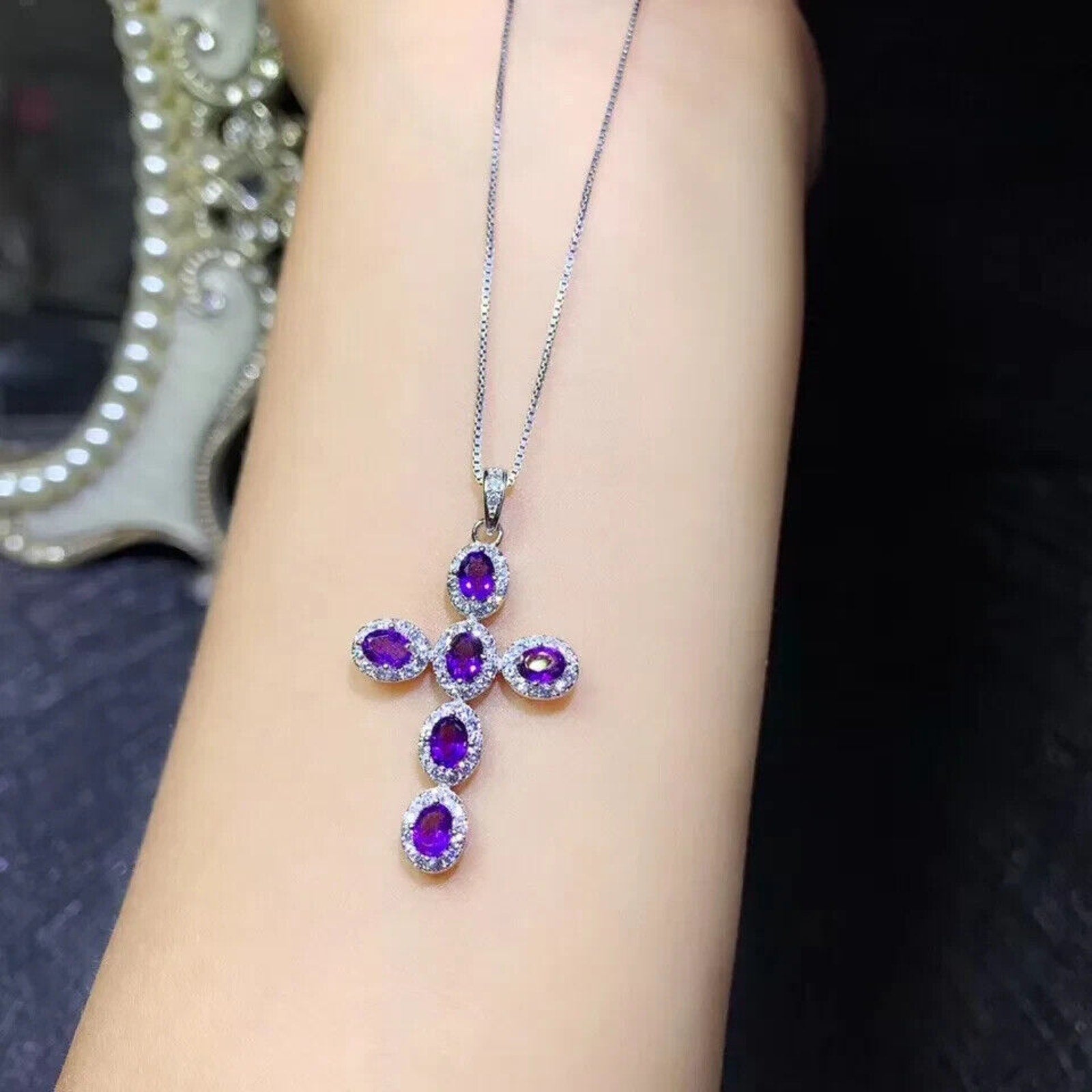 Purple Amethyst Cross Necklace, Natural Amethyst Cross Pendant 925 Sterling