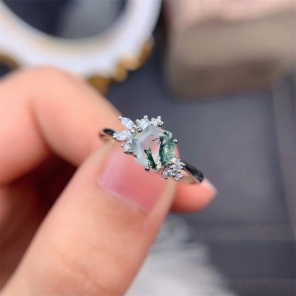 Moss Agate Gemstone Ring 925 Sterling Silver 6mm