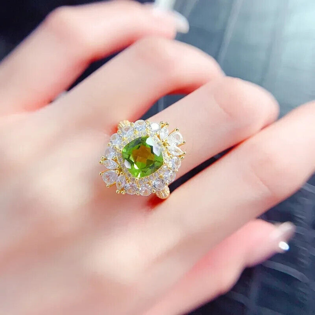 Natural Peridot Gemstone Crystal Cluster Ring 8mm