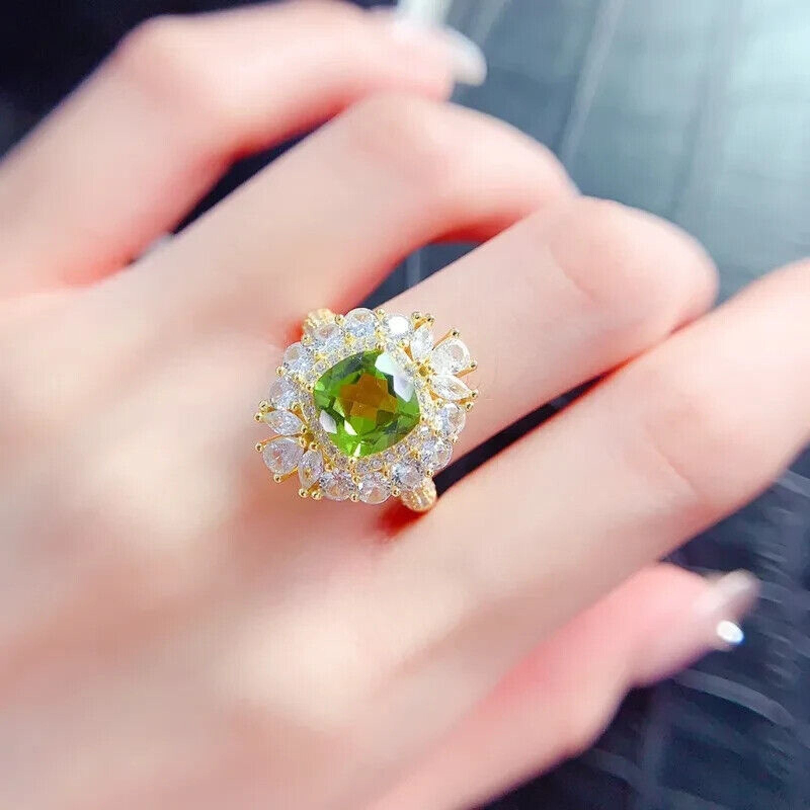 Natural Peridot Gemstone Crystal Cluster Ring 8mm