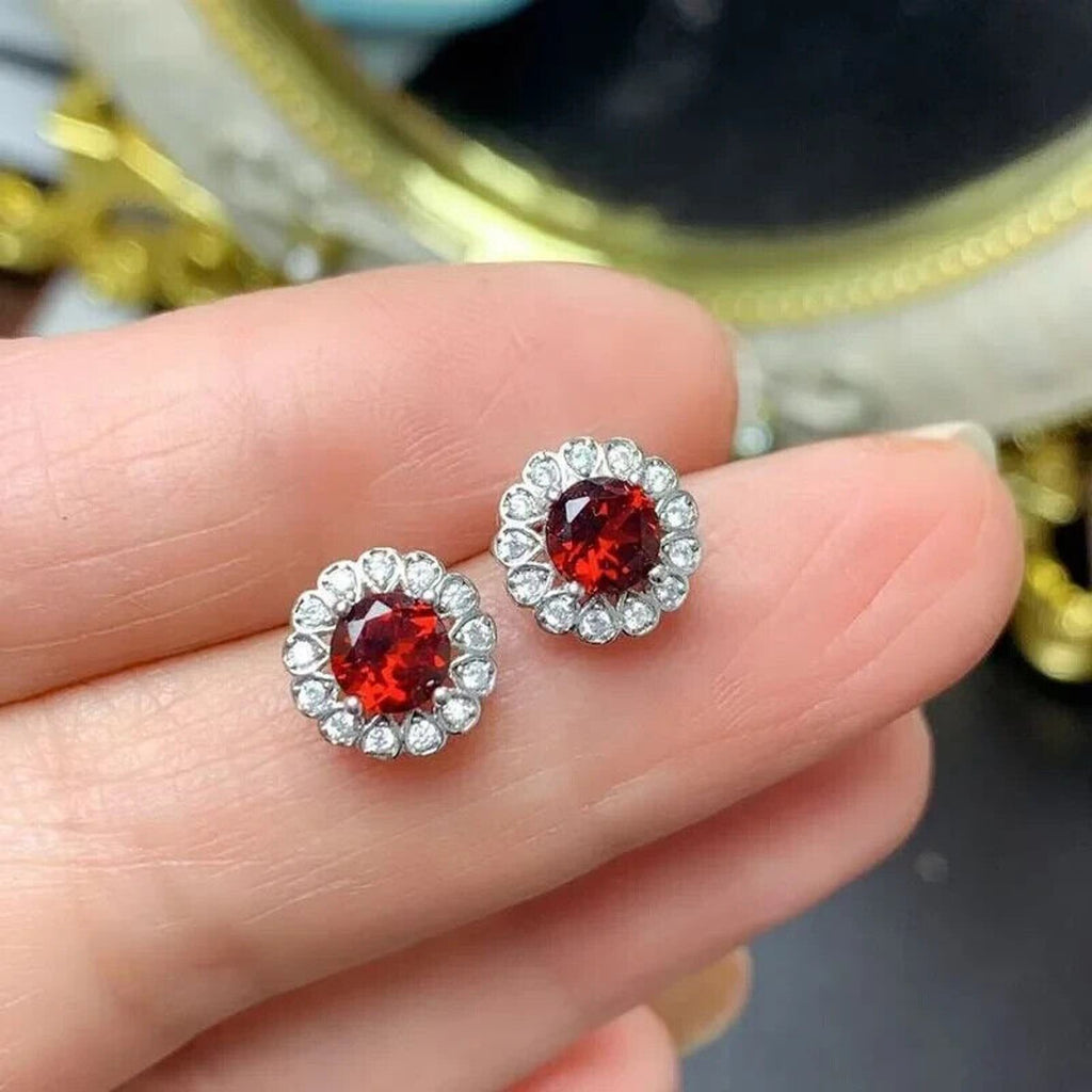Round Garnet Cluster Earrings Round 5mm Platinum Plated