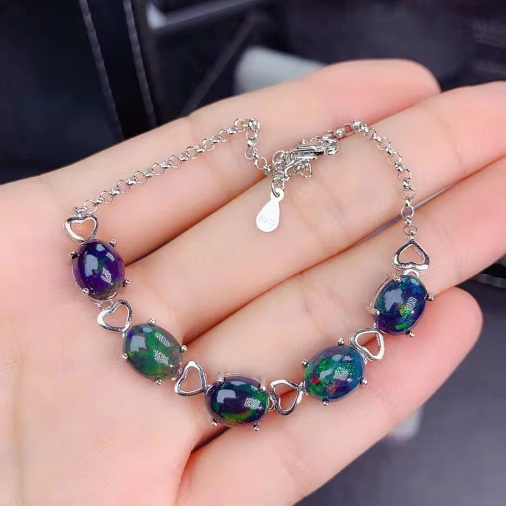Black Fire Opal Bracelet 925 Sterling Silver, Black Opal Chain Bracelet 6x8mm