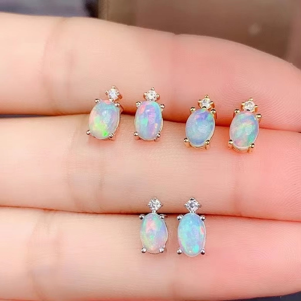 Natural Fire Opal Earrings, Women's Opal Stud Earrings 925 Sterling Silver 4x6mm