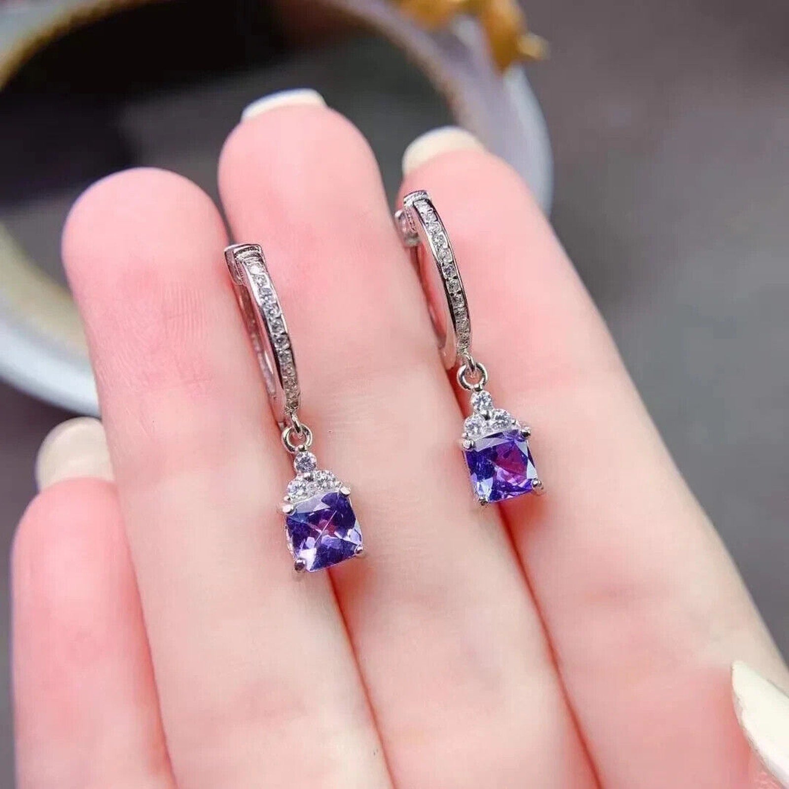 Natural Purple Tanzanite Hoop Earrings – 925 Sterling Silver Dangle Earrings