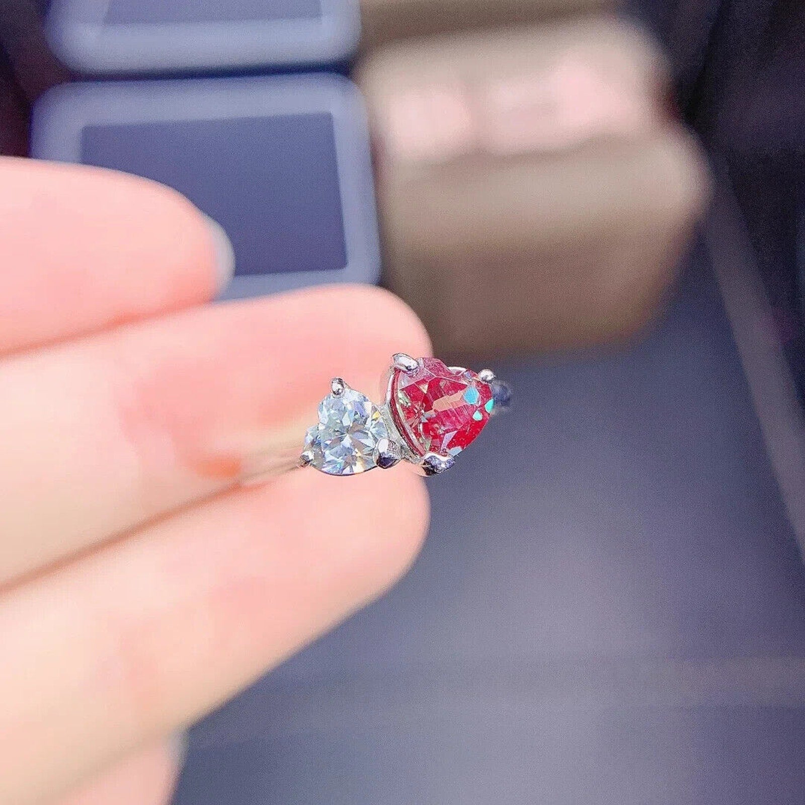Lab Alexandrite Gemstone Heart Ring with Moissanite Heart