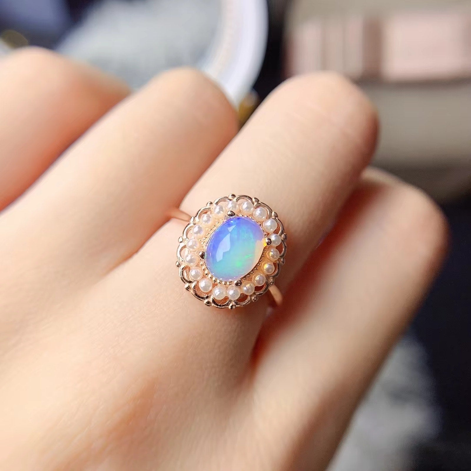 Fire Opal and Faux Pearl Jewelry Set, Natural Fire Opal Necklace and Ring