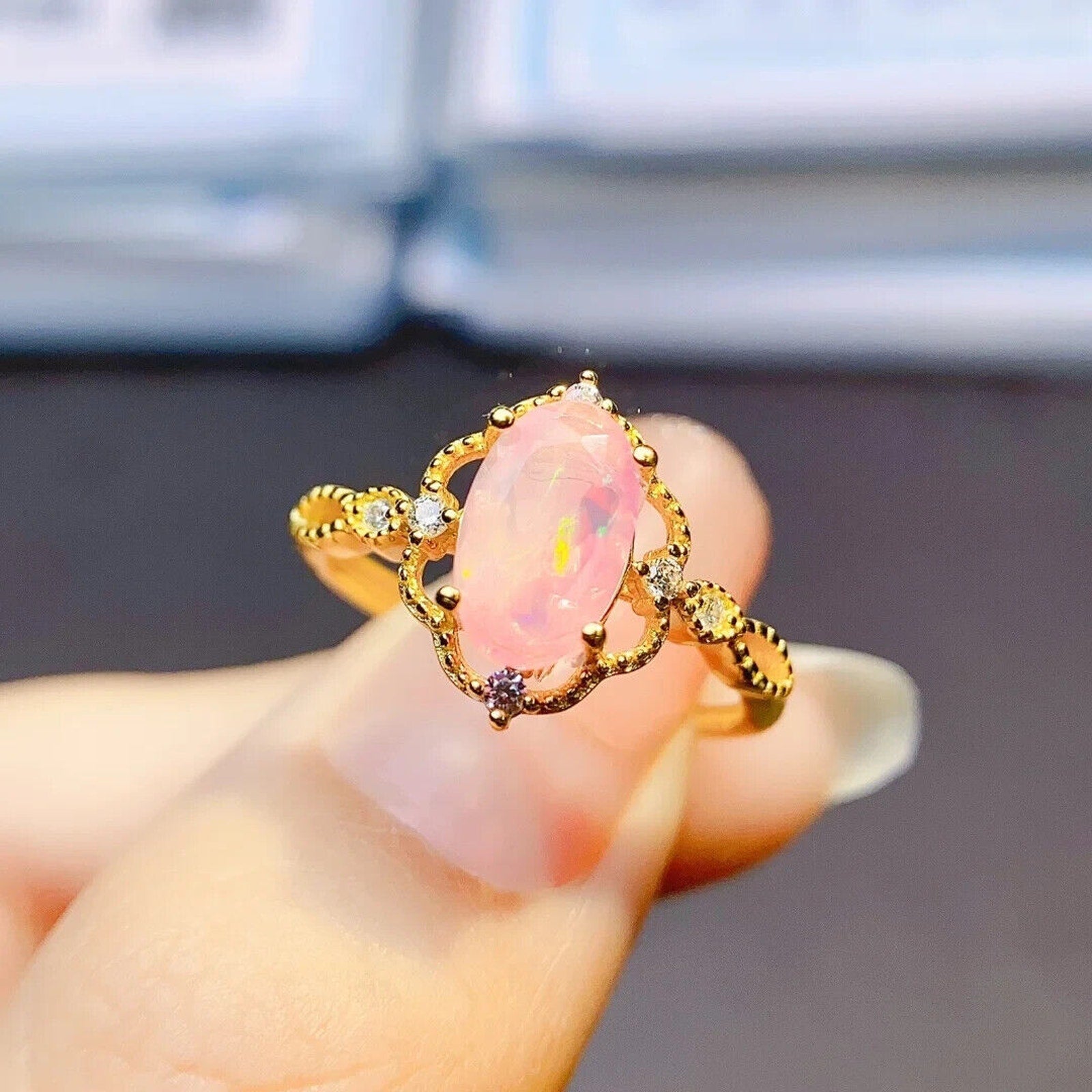 Pink Fire Opal Cluster Ring 5x9mm, Natural Pink Fire Opal Ring 925 Sterling