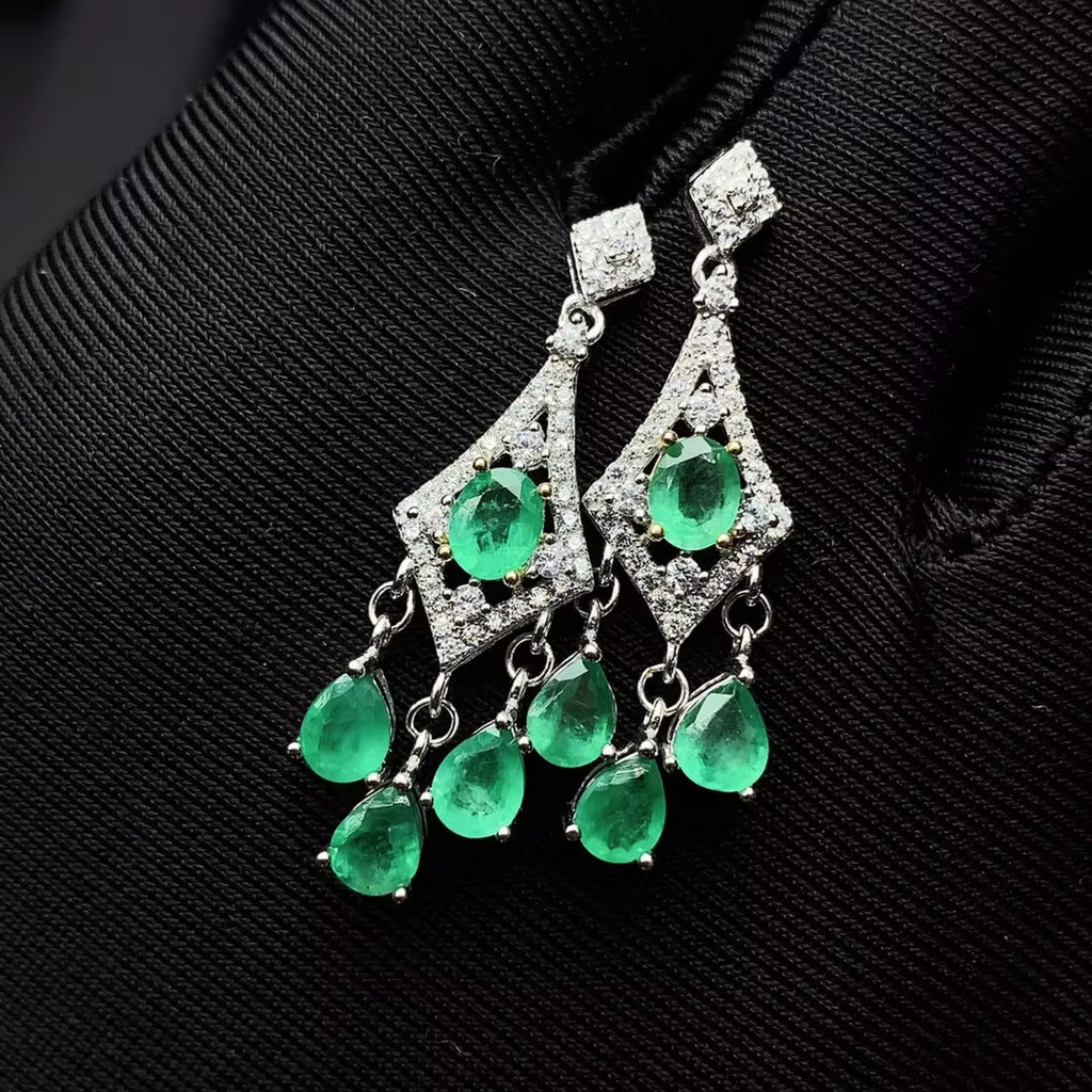Natural Emerald Dangle Earrings, Women's Emerald Earrings Platinum Plated Silver