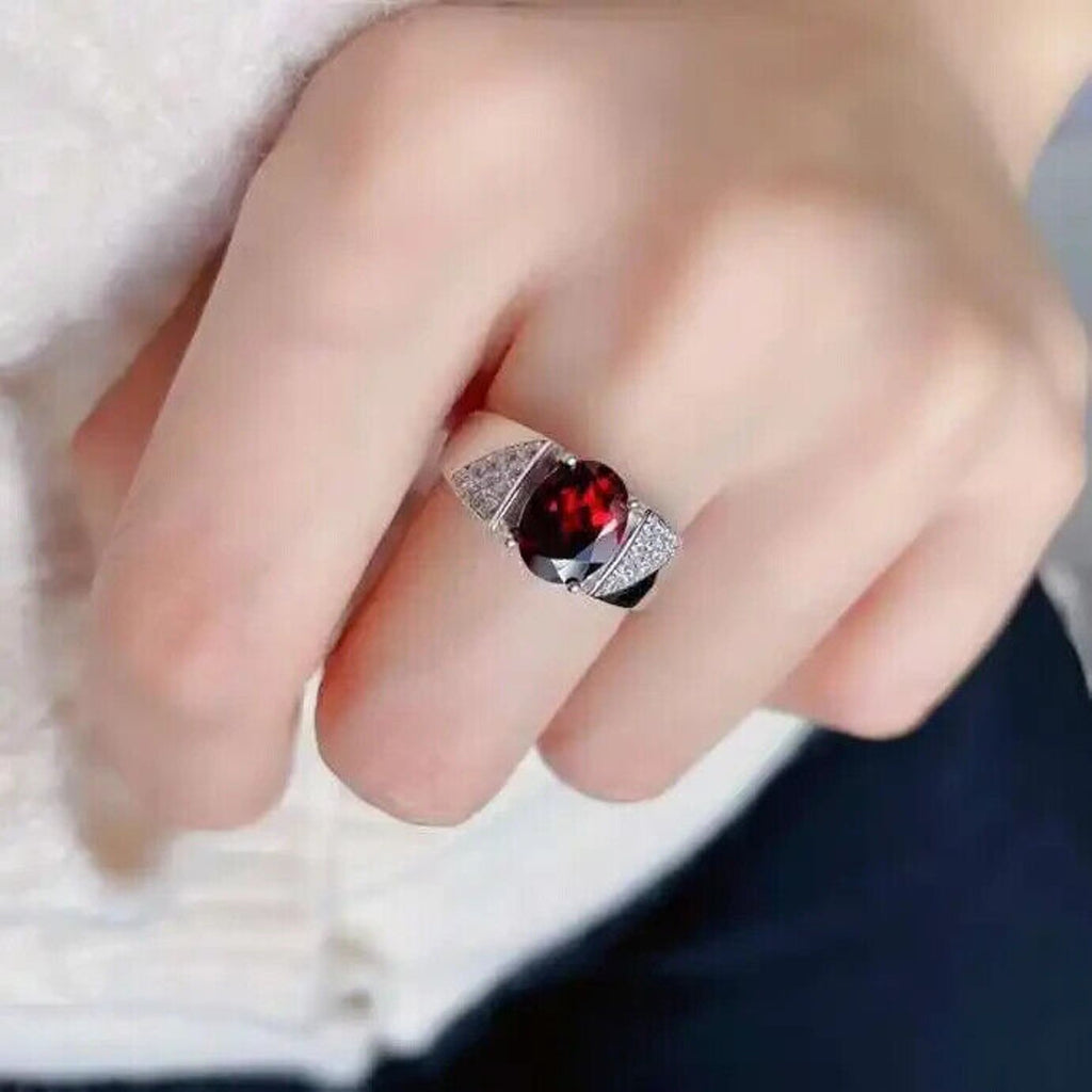 Red Garnet Mens Cocktail Ring 7x9mm Platinum Plated Sterling
